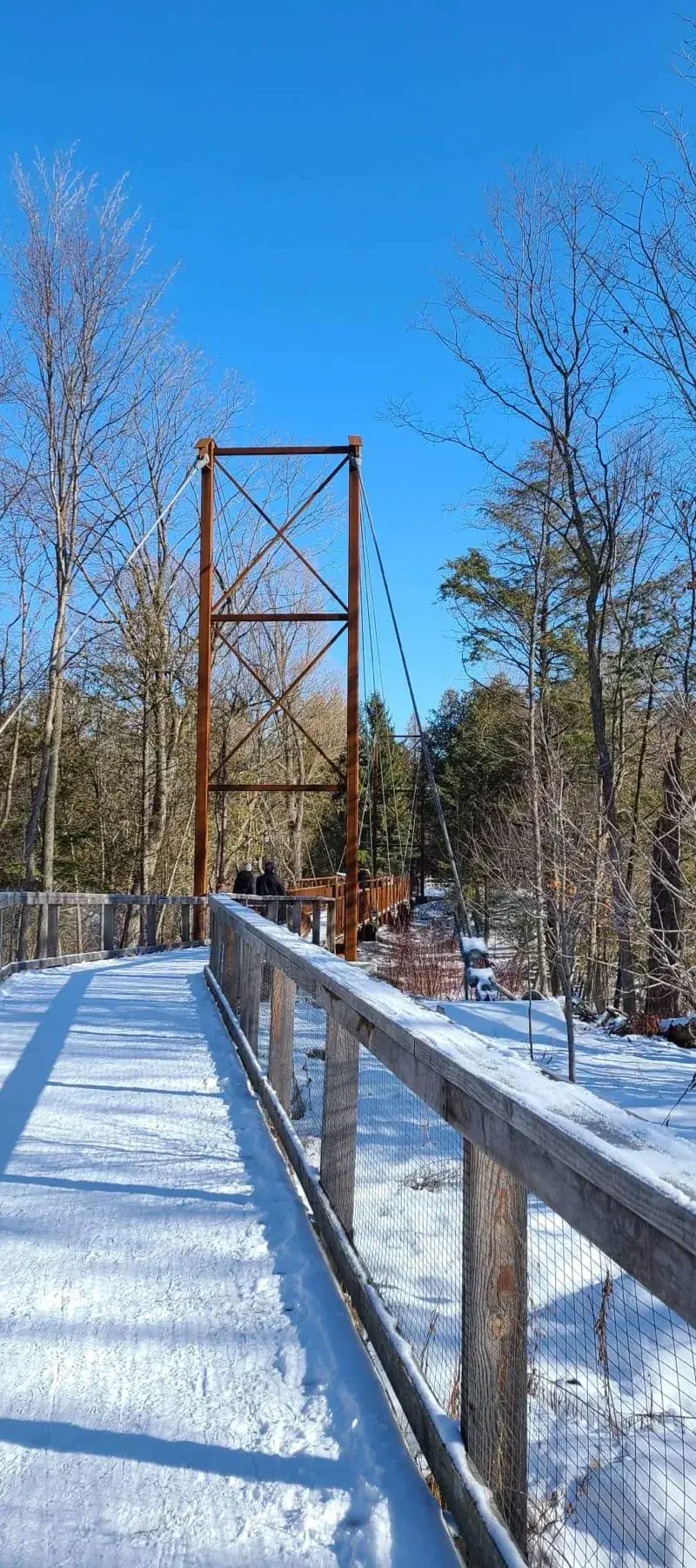 Snow-covered bridge at Milne Dam Conservation Park in Markham