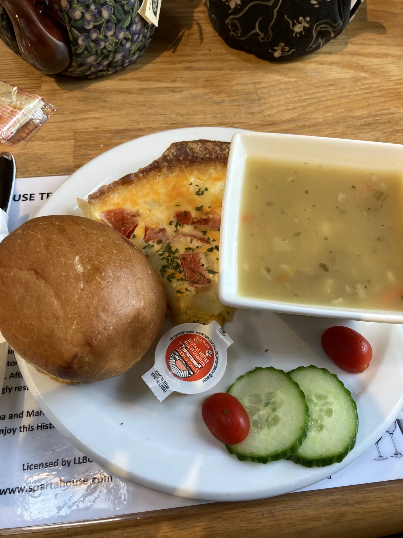 Soup, roll, and savoury dish at a British-style tea room in Sparta
