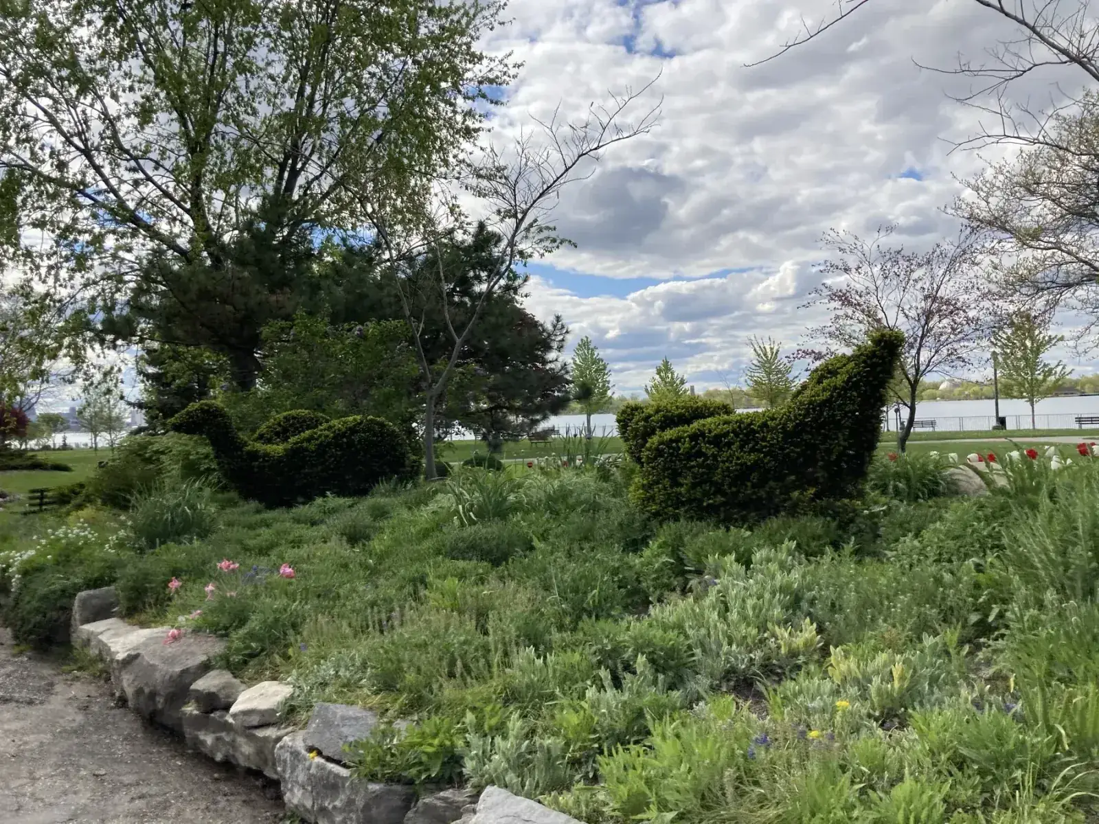 Topiary animal bushes near the Windsor riverfront