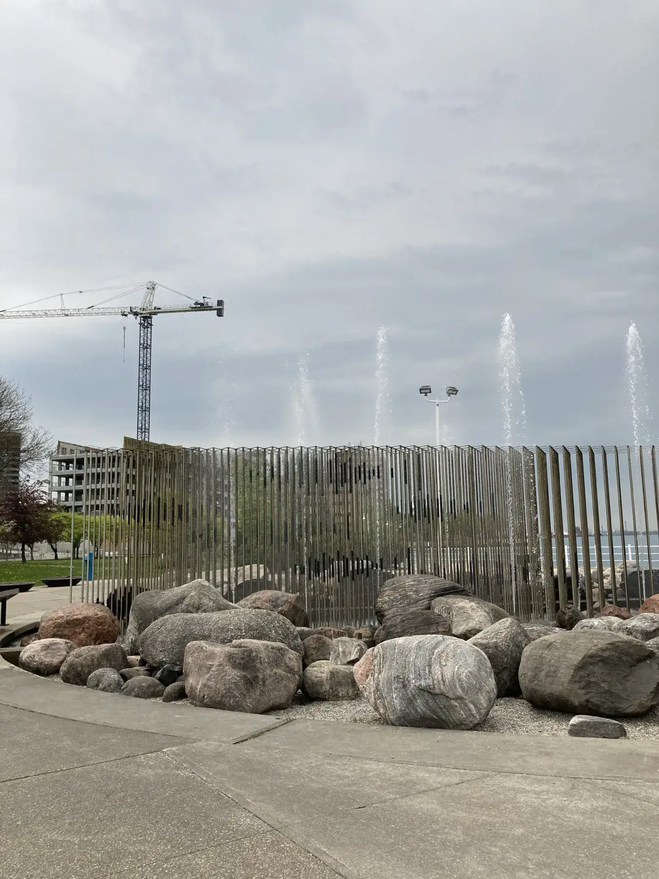 Sarnia waterfront public art and fountain jets near the river