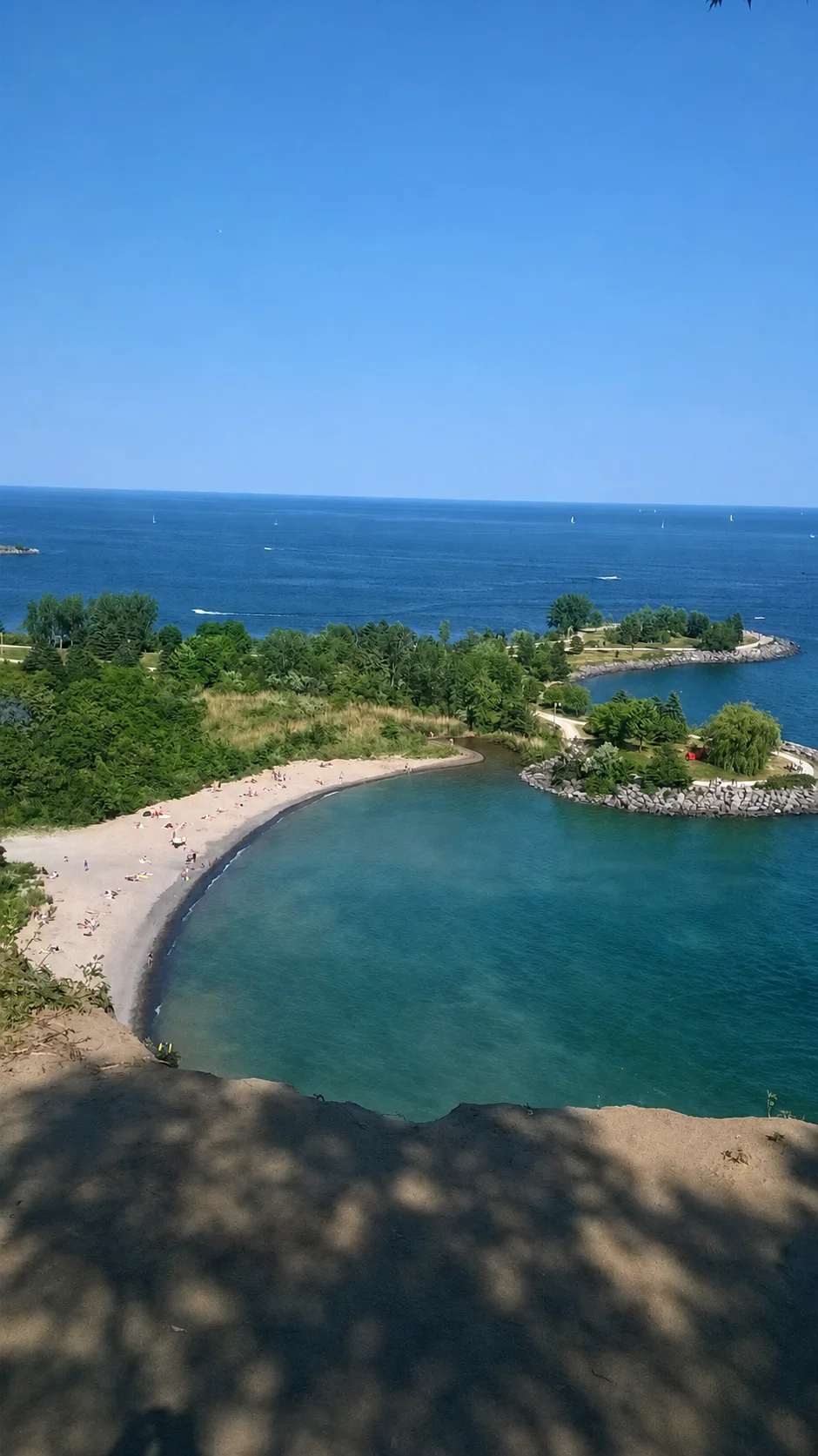 Bluffer's Park beach, sailing boats, and Lake Ontario viewed from above