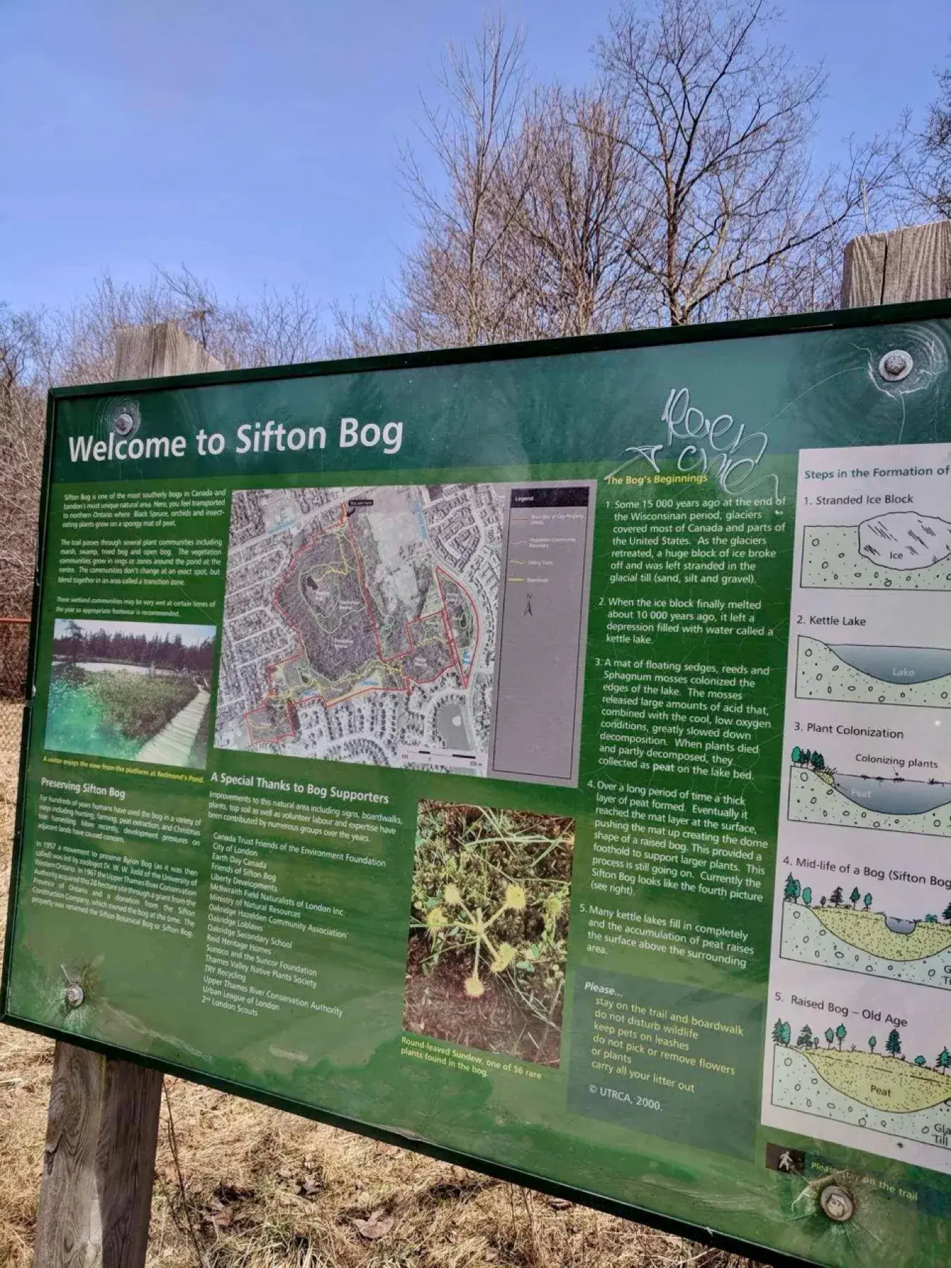 Welcome to Sifton Bog interpretive sign explaining bog formation and plants