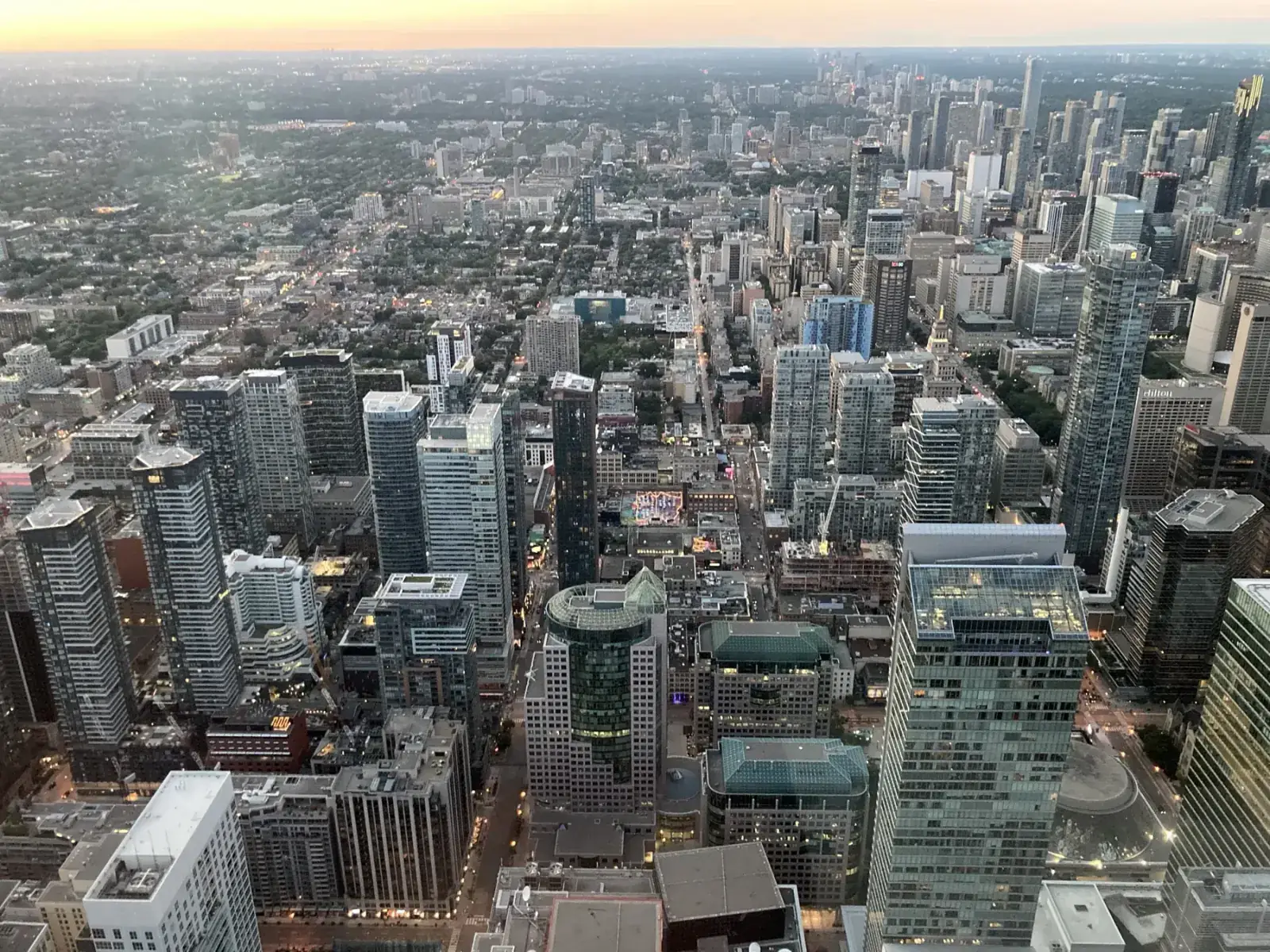 Looking over downtown from high up in the CN Tower.