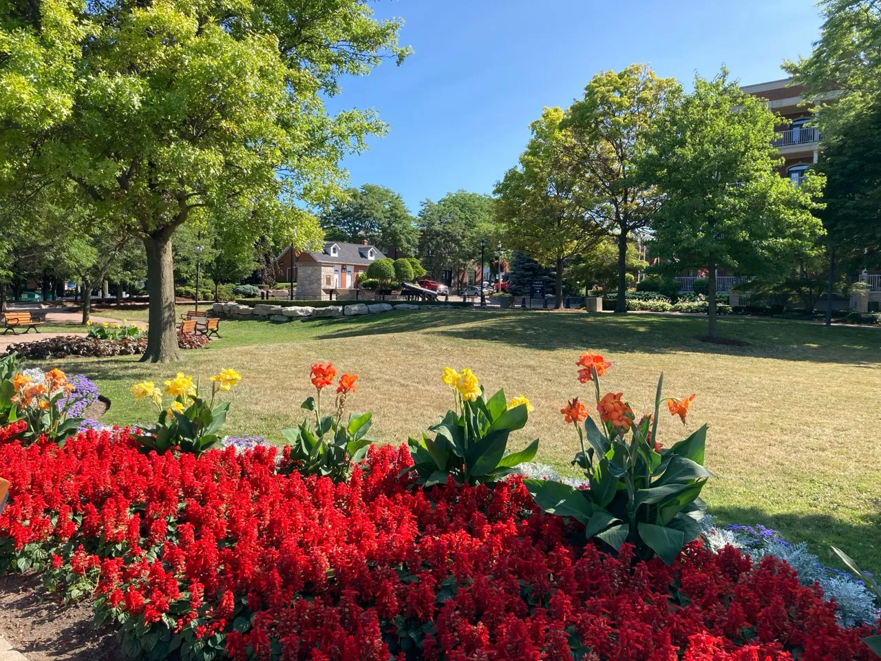 Colourful flower beds in a downtown Amherstburg park