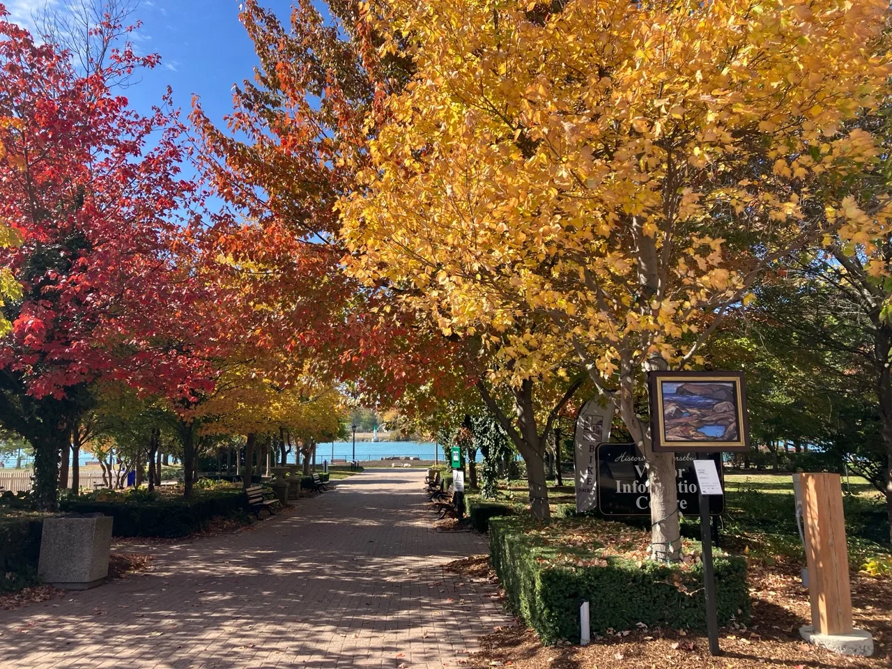 Autumn trees and brick path at King's Navy Yard Park in Amherstburg