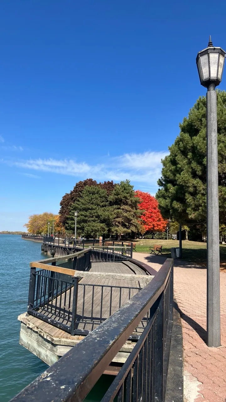 Riverside boardwalk and benches in Amherstburg Ontario