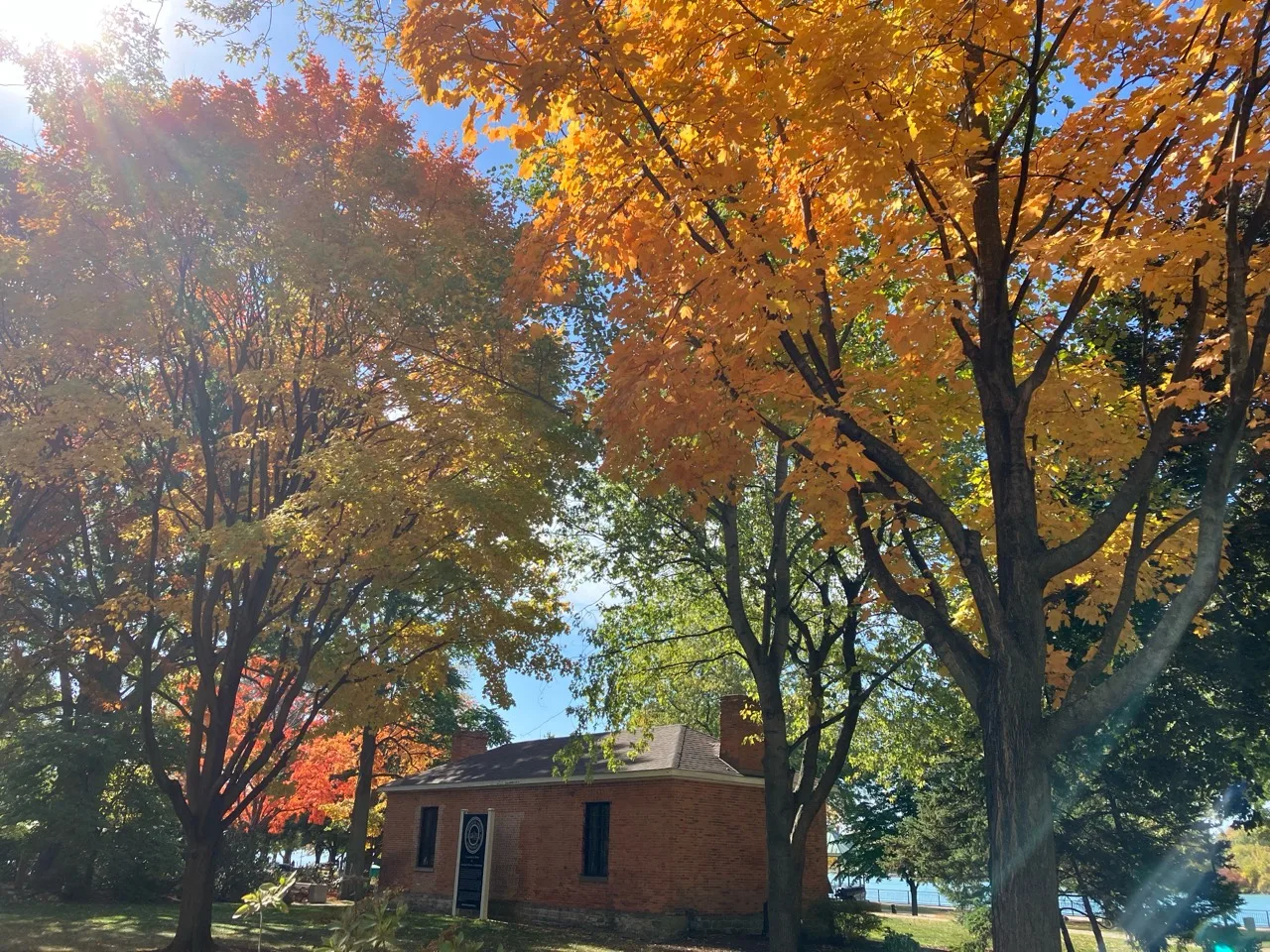 Historic brick building beneath orange autumn trees in Amherstburg