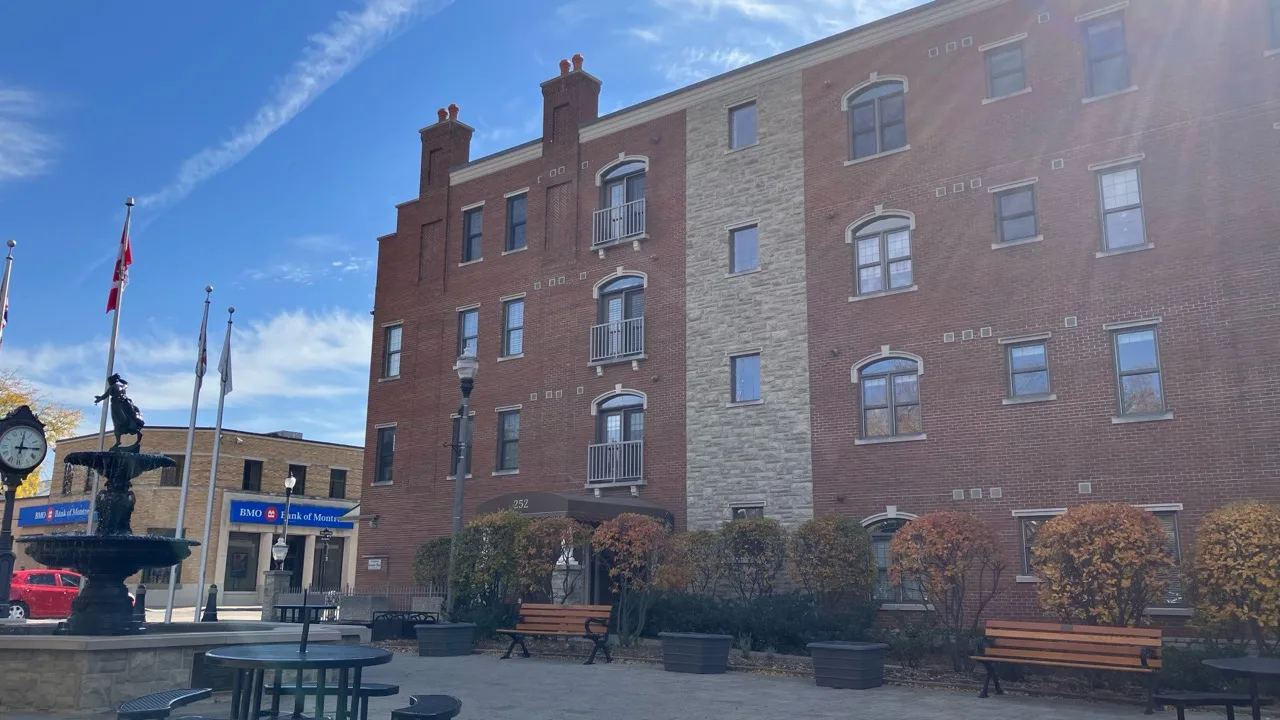 Amherstburg fountain, clock and historic brick buildings downtown