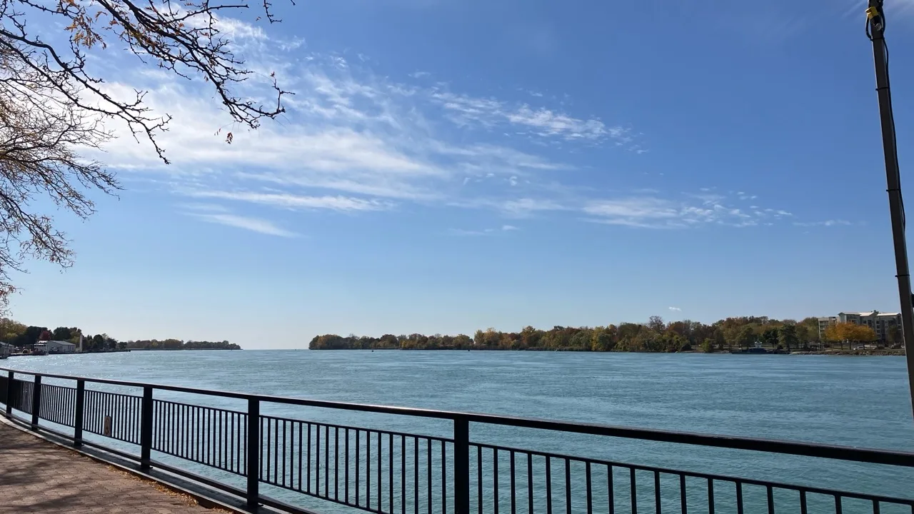 Detroit River view from the Amherstburg waterfront promenade