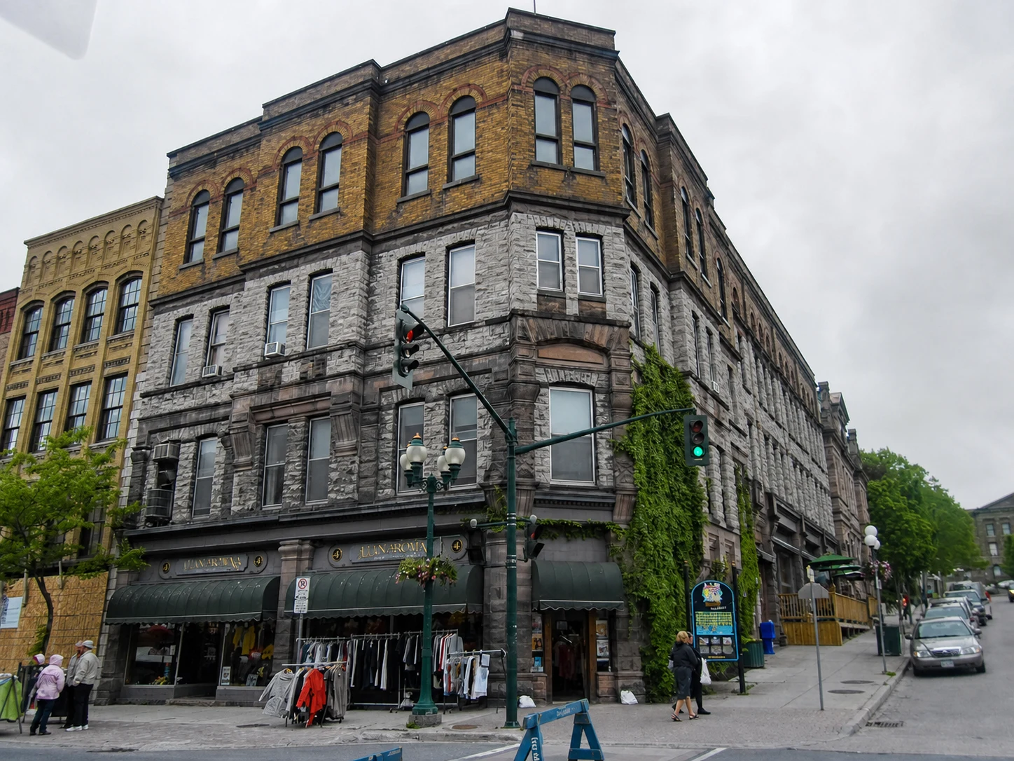 Historic stone and brick corner building in downtown Brockville