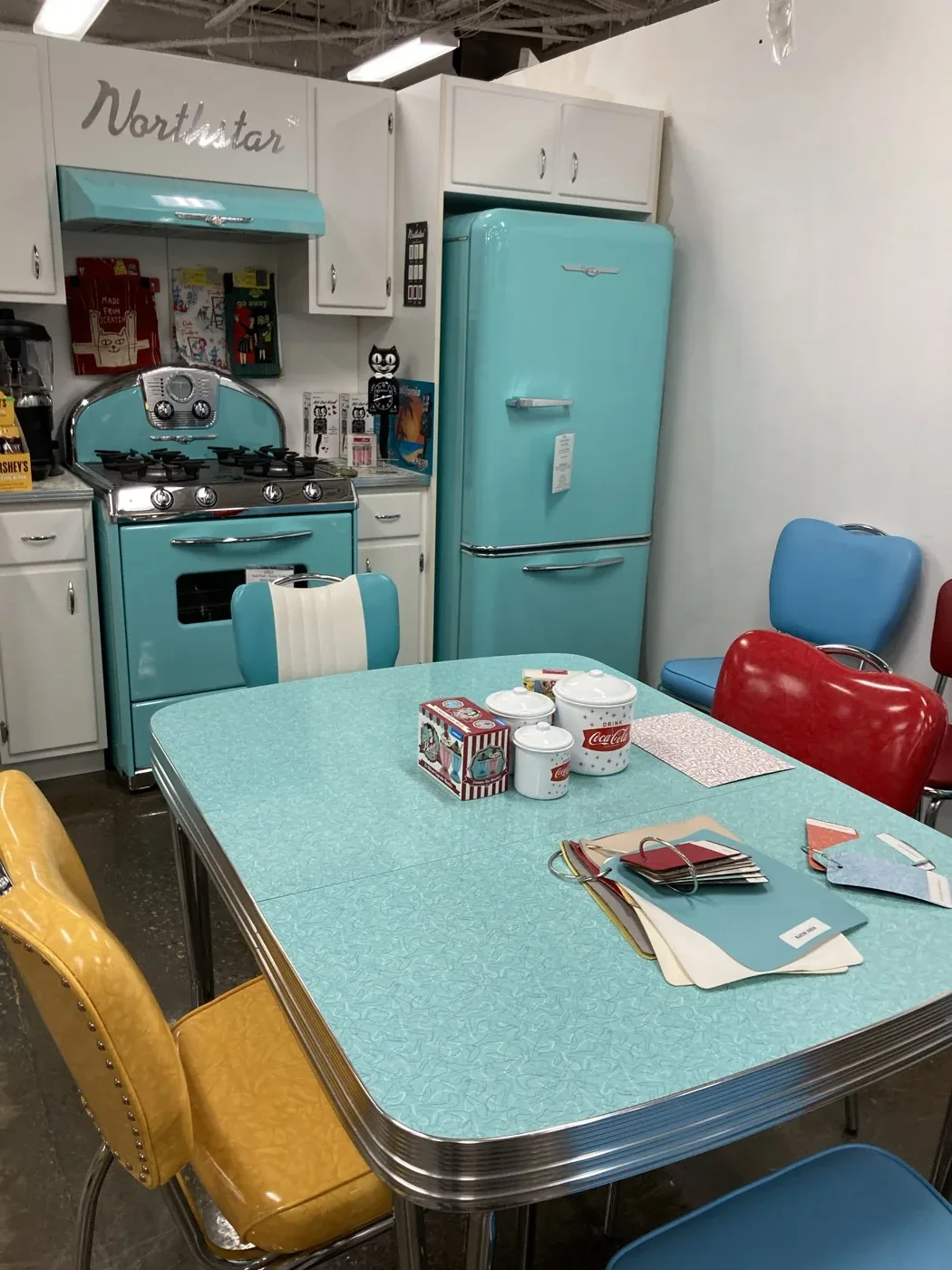 Turquoise retro kitchen display at Southworks Antiques in Cambridge, Ontario