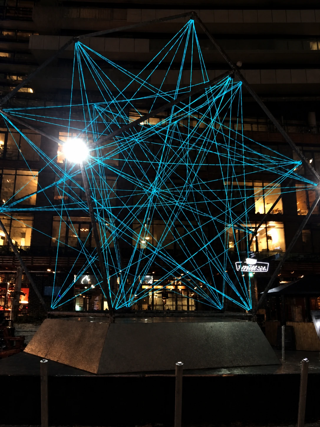 Blue string light installation in Toronto's Distillery District