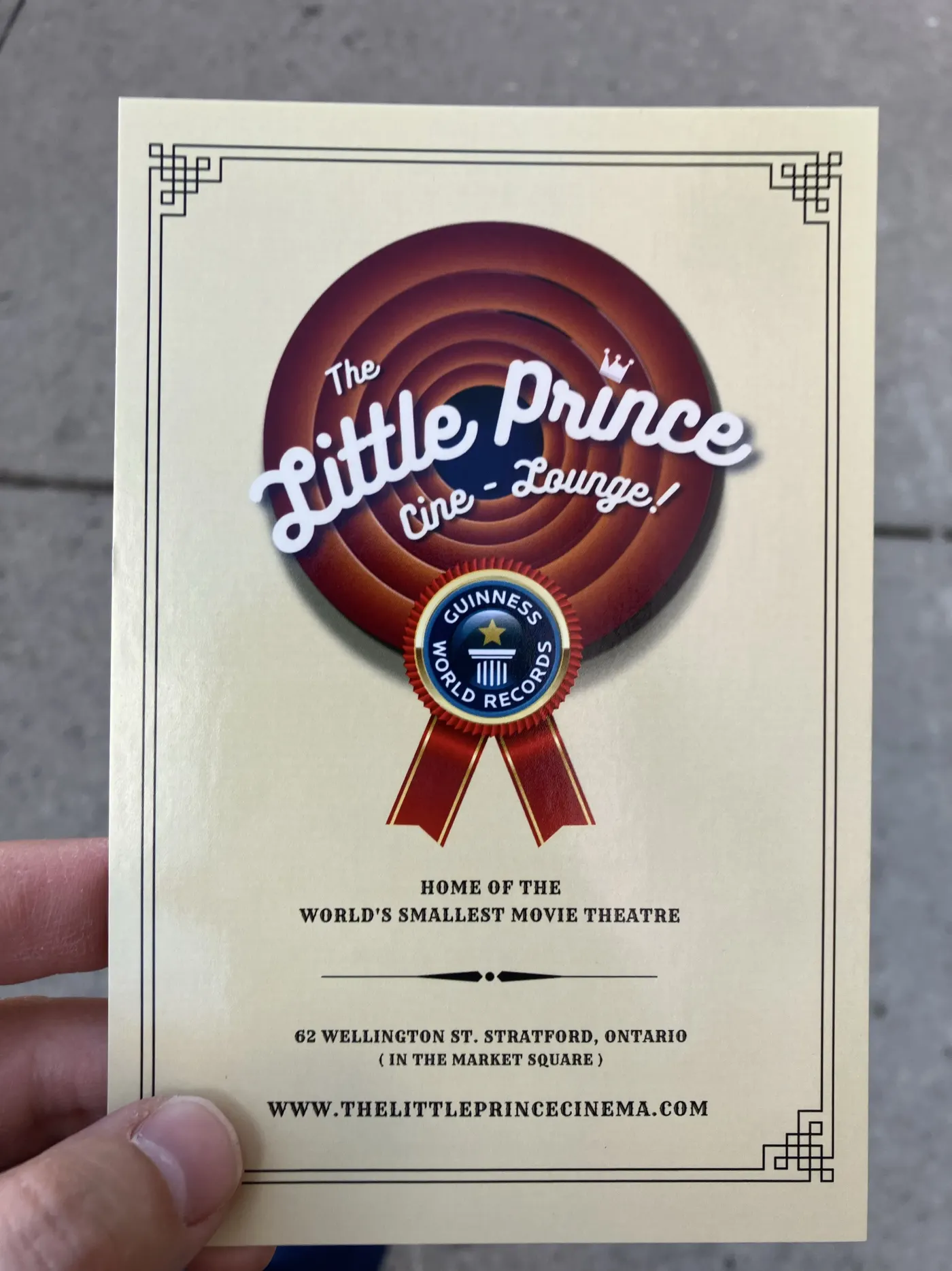 Little Prince Micro-Cinema card in Stratford Ontario advertising the world's smallest movie theatre