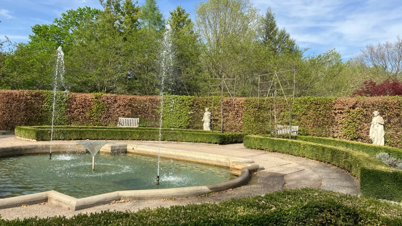 Formal fountain garden with clipped hedges at the University of Guelph Arboretum