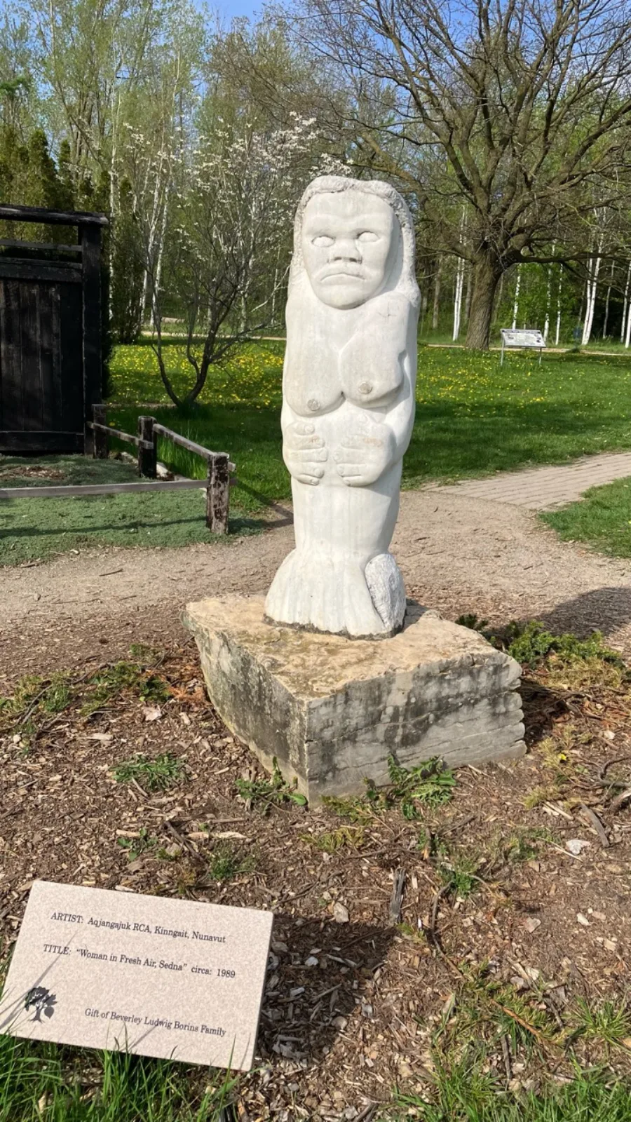 Woman in Fresh Air, Sedna sculpture by Aqjangajuk Shaa at the University of Guelph Arboretum