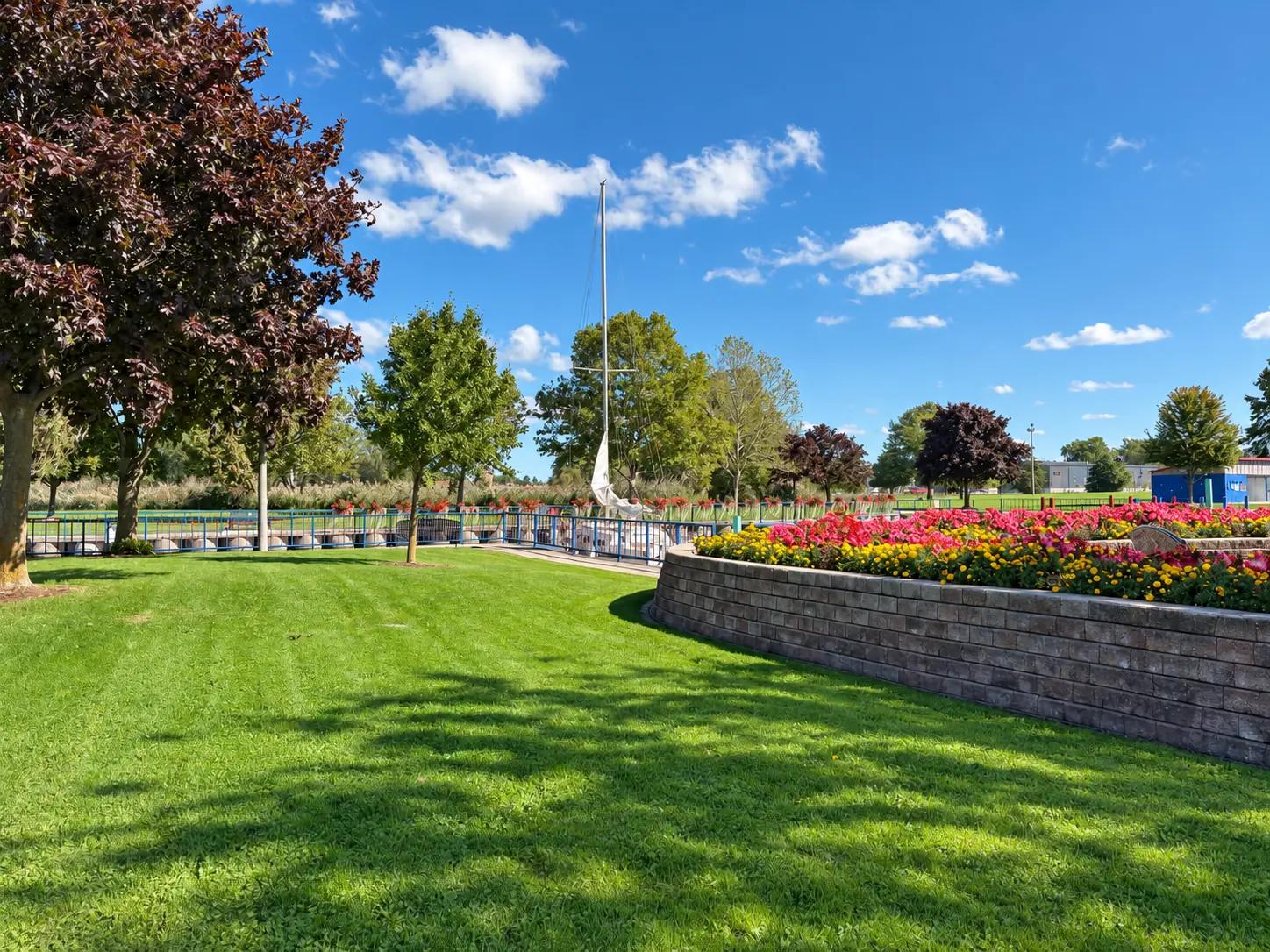 Colourful raised flowerbeds and lawn at the LaSalle waterfront gardens.