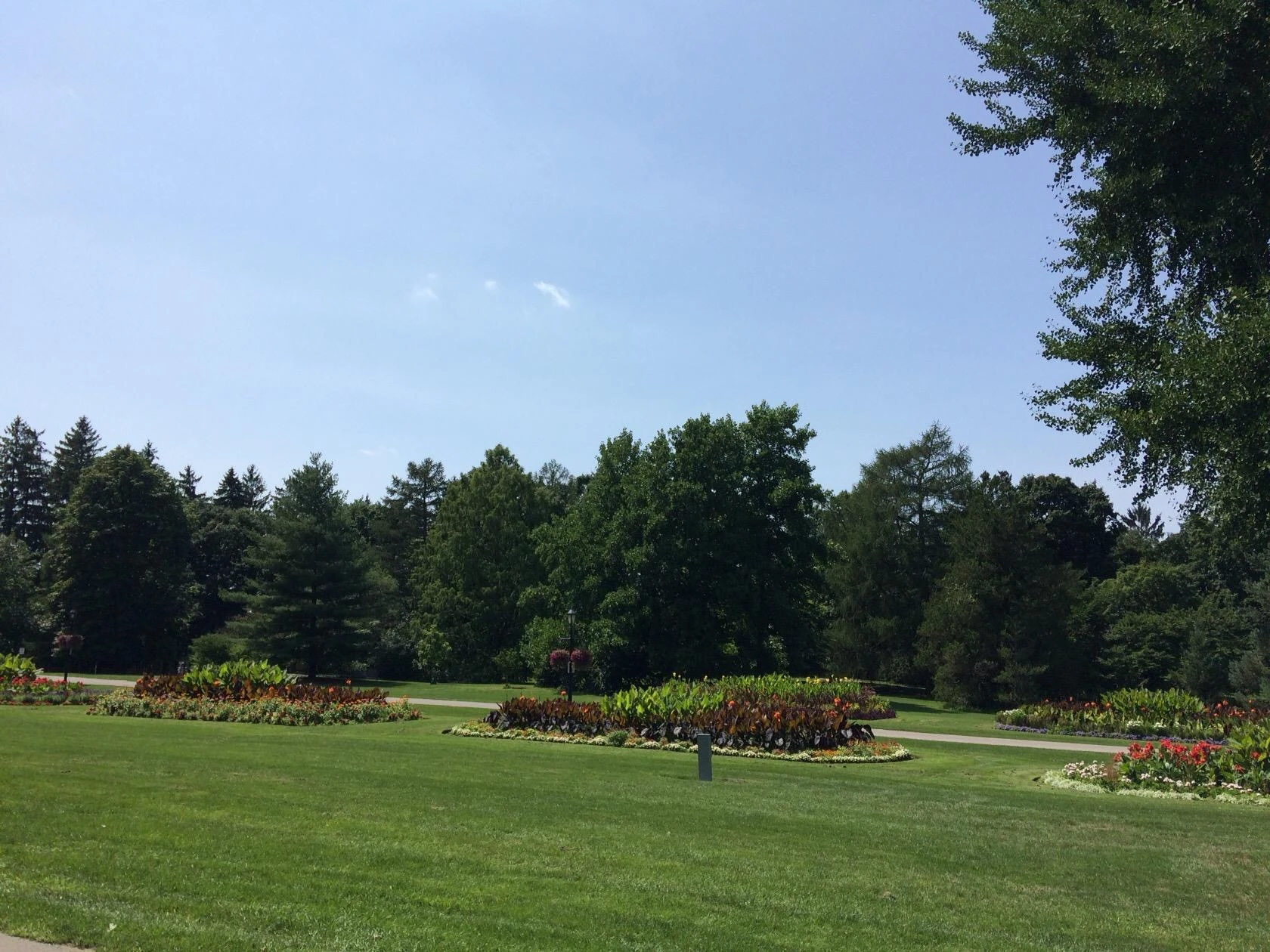 Formal flower beds and manicured lawn at Pinafore Park in St. Thomas