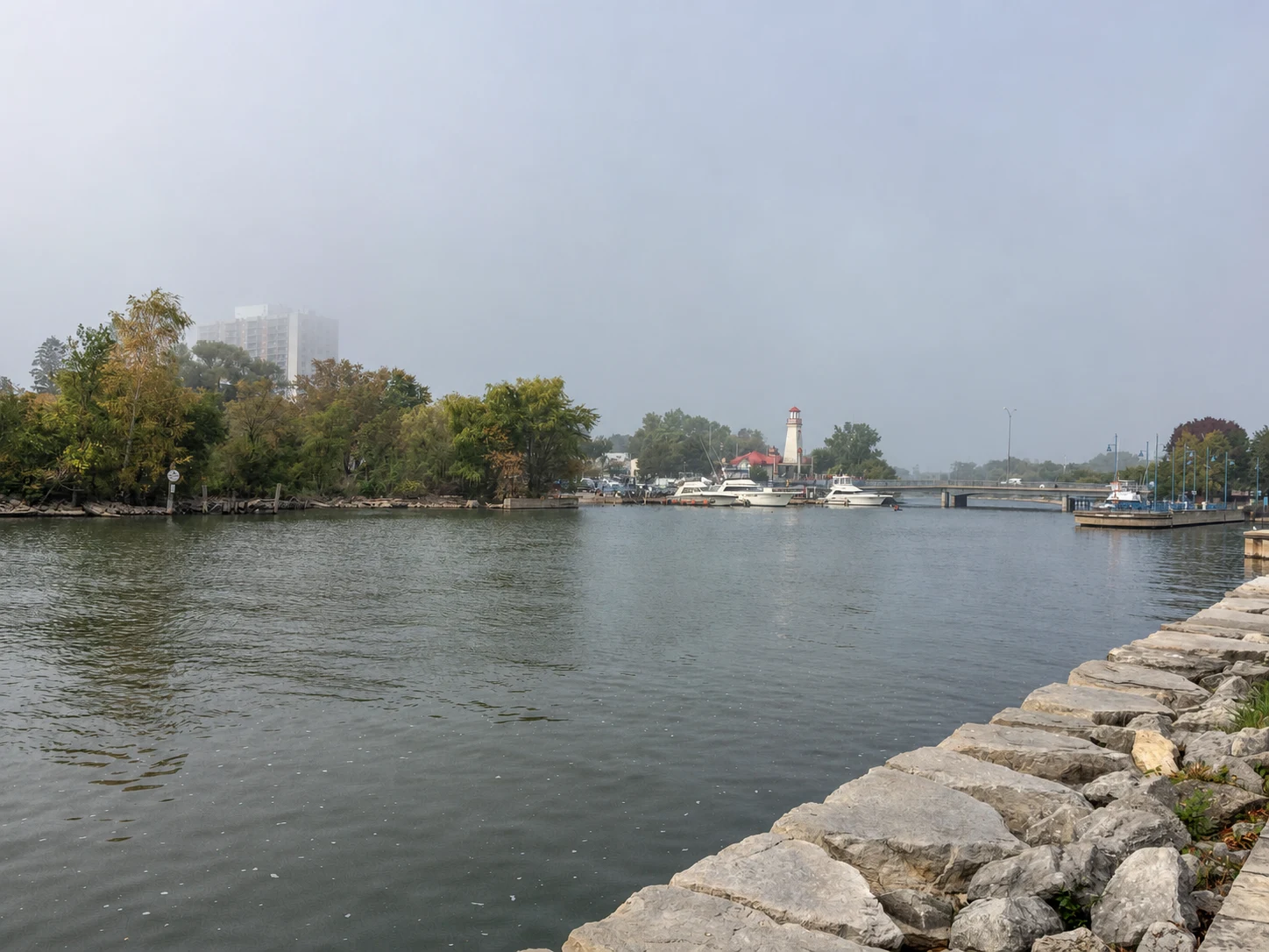 Port Credit harbour and lighthouse across the Credit River in Mississauga